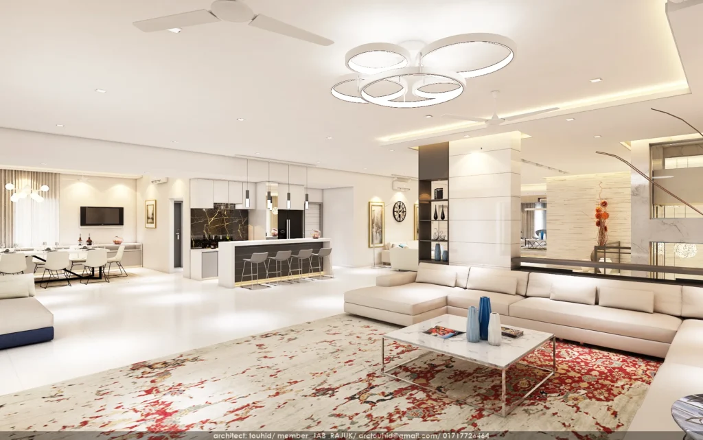 Custom interior design service in Dhaka featuring modern kitchen, wardrobe and TV wall design