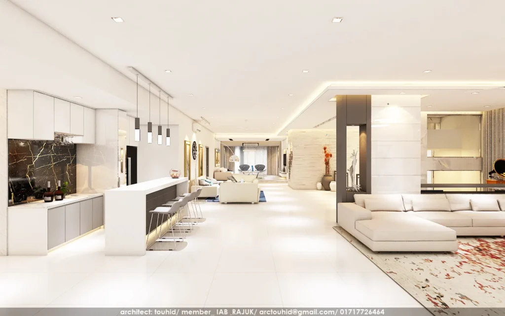 Luxury apartment interior design in Dhaka with custom cabinetry and contemporary lighting